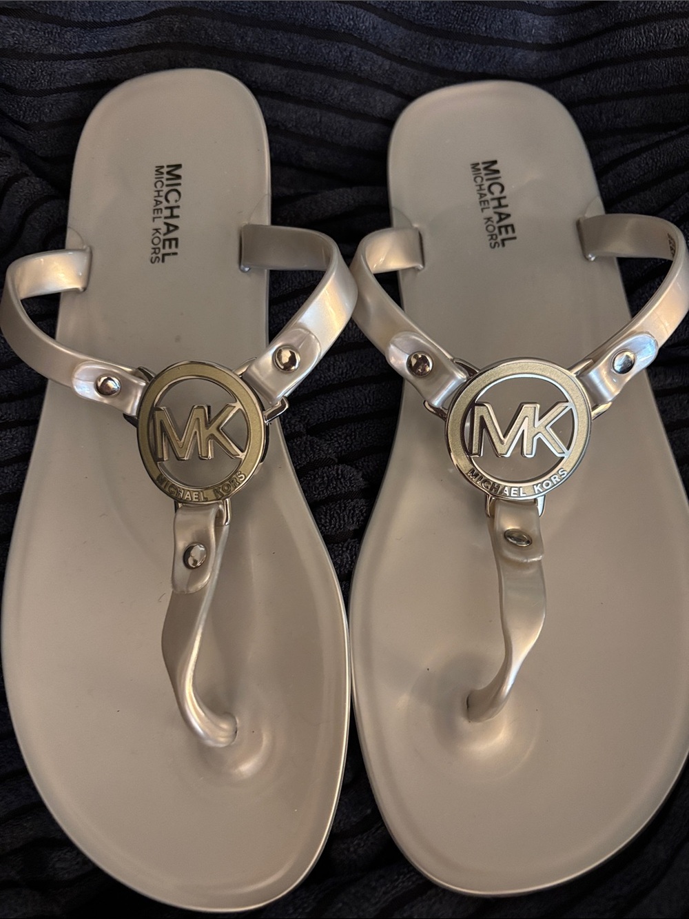 Michael Kors Pearl Beige Jelly Logo Thong Sandals with Gold MK Emblem
